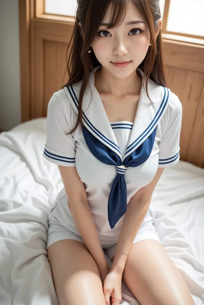 ( Japanese high school girl in uniform )、(((The skirt is turned over and the white underwear is visible)))、((I'm sitting on the bed))、(masterpiece:1.3),   high image quality ,  very well detailed,   very well detailedCG Unity 8k Wallpaper,  realistic, phot...