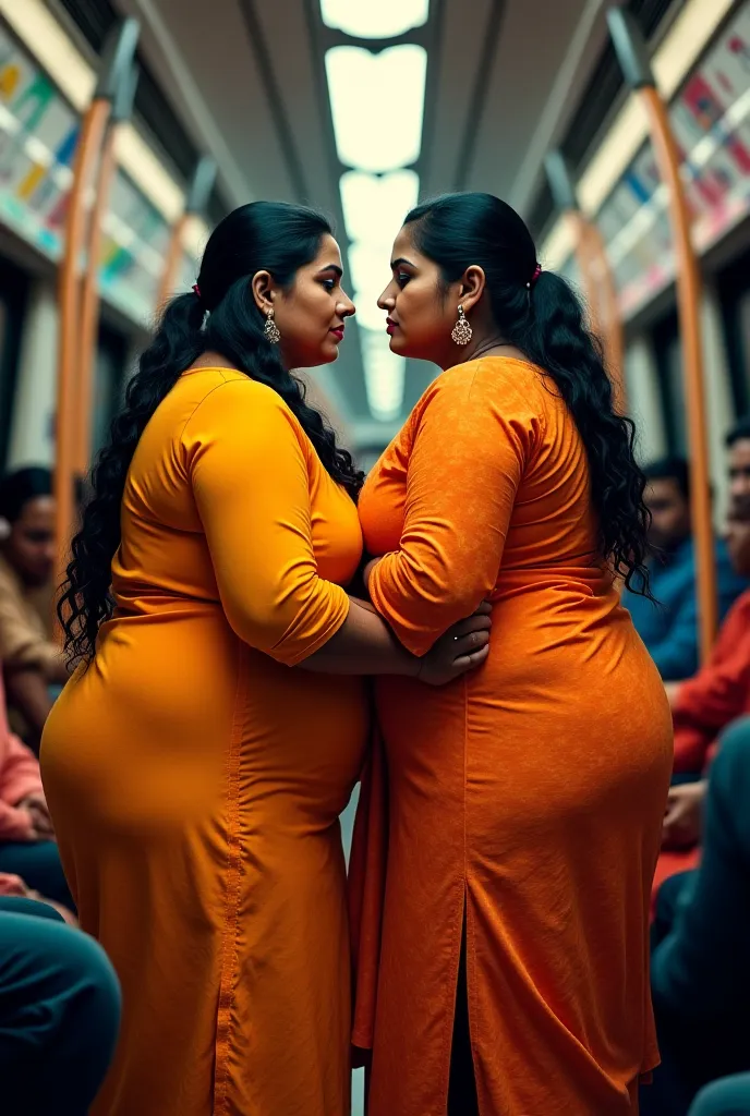 Two fiery Indian women, sworn rivals, caught in a tense standoff within the bustling confines of a crowded metro train. Both women are dressed in vibrant, form-fitting kurtis that accentuate their voluptuous figures, with their curvaceous bodies pressed ti...