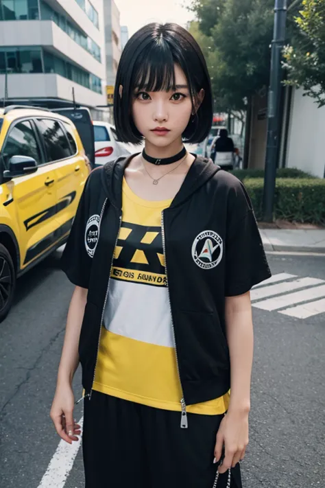  High Resolution,  boyish,   1 girl,  black hair, Sporty shortcuts,  Asymmetric Hairstyles ,  Asymmetrical bangs,   yellow eyes,  There are three circles in the middle of the eye,  Skater Style Street Fashion, slightly oversized bottoms, is standing, futan...