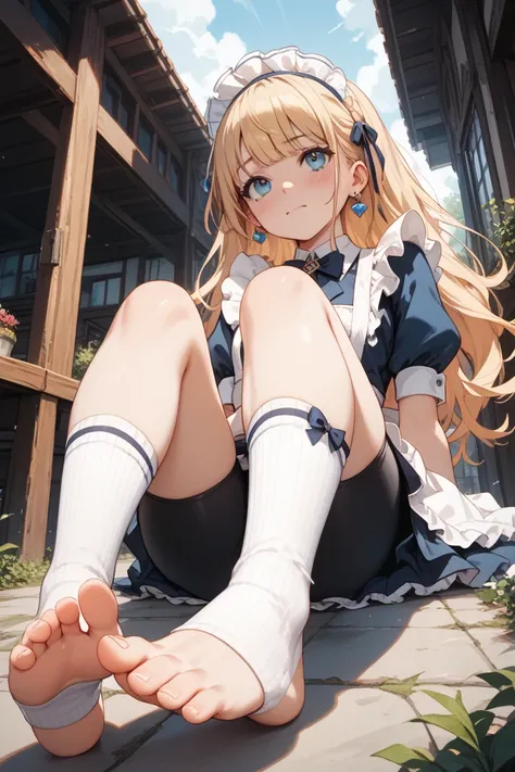 1 girl、Maid、sitting、frill socks、 from below、 Ashikiri、is embarrassing、bike shorts、puffy lips、Toeless Legwear、cross race legwear、masterpiece、highest quality、uncorrected