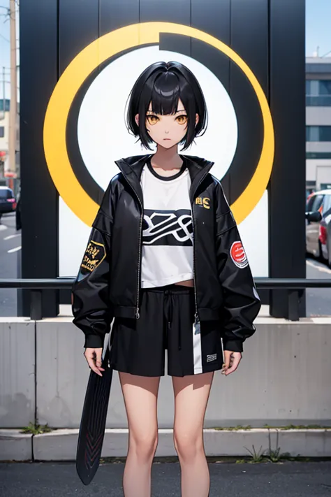  High Resolution,  boyish,   1 girl,  black hair, Sporty shortcuts,  Asymmetric Hairstyles ,  Asymmetrical bangs,   yellow eyes,  There are three circles in the middle of the eye,  Skater Style Street Fashion, slightly oversized bottoms, is standing, futan...