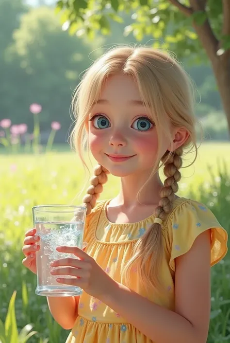 Sweet  girl with a model appearance,  blond hair, braided in neat pigtails, and big blue eyes.  she smiles, } holding a transparent glass of clean water. She is wearing a bright , cheerful dress with a floral pattern. The background is a sunny park with gr...