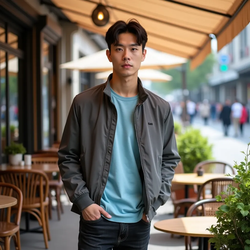 A 27-year-old South Korean man with short, dark brown hair, styled in a clean, modern way. His deep brown eyes are calm, reflecting a sense of thoughtfulness. He stands in a stylish outdoor café on a bright, sunny day. Jung-hoon is wearing a casual gray ja...