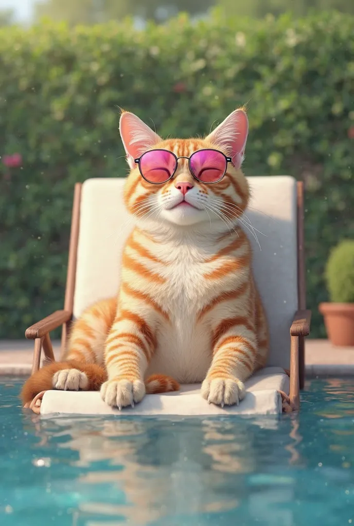 A realistic cat with a beige coat with stripes is relaxing by the pool. She is lying comfortably in a pool chair, wearing a pink bow on her ear and pink sunglasses.