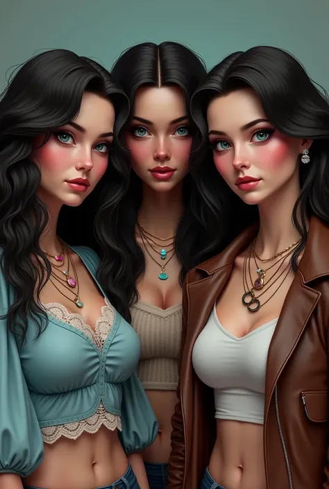 They must be realistic triplets with white skin and teal eyes, the first woman must have long black voluminous curly hair and wear a light blue lace t-shirt with long puffy sleeves and star-colored necklaces, and the second woman must have long black wavy ...