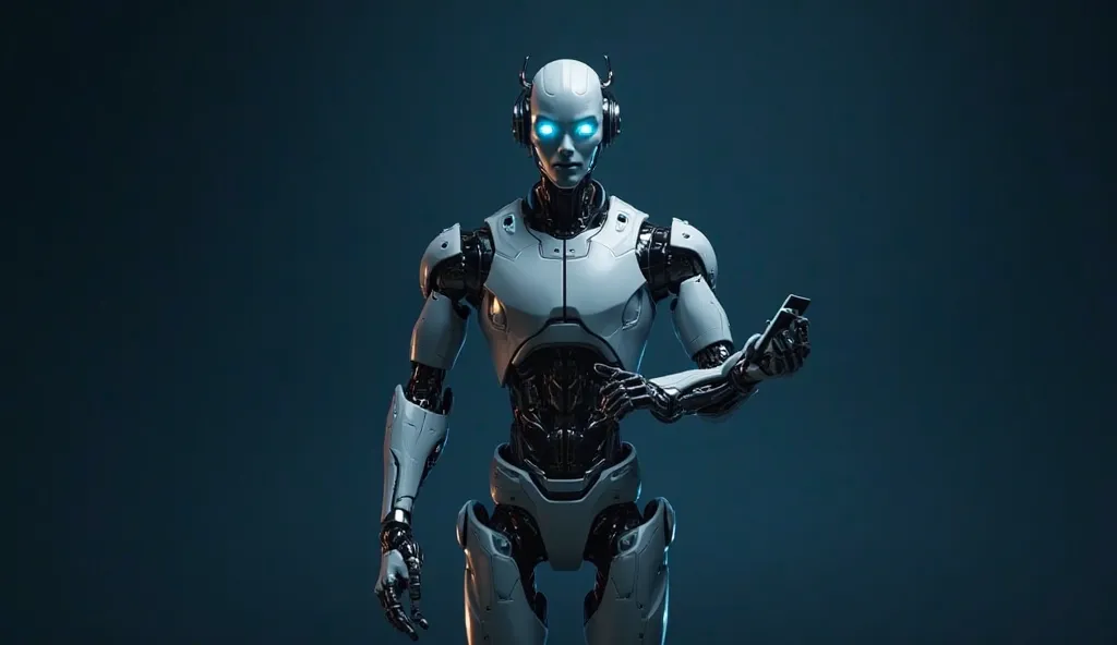 A stylish, futuristic robot holding a phone with both hands, looking straight ahead at the viewer. The robot's facial expression is animated, as if it is explaining something or giving important information. It has a sleek, high-tech design with metallic a...