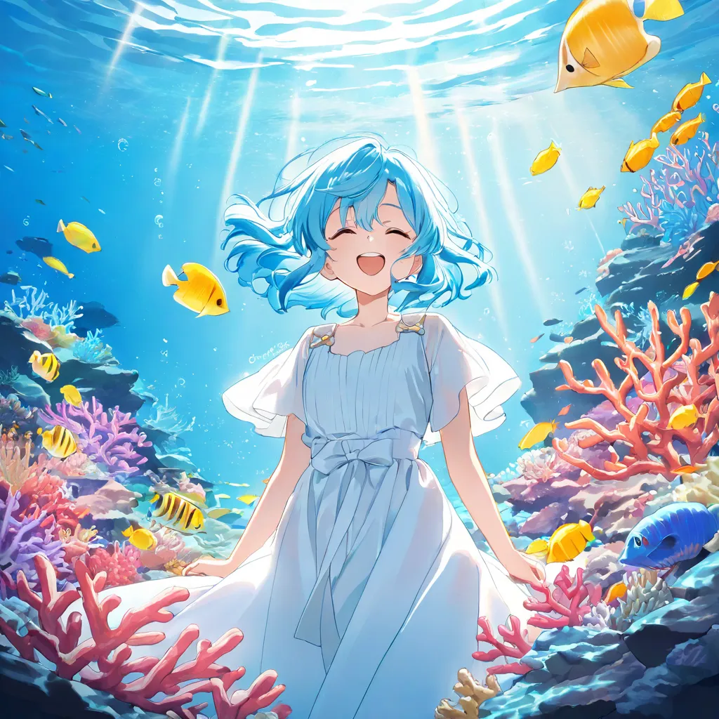 Under the sea, the sky seen from underwater, reflections of light, cherry blossoms blooming under the sea, tropical fish