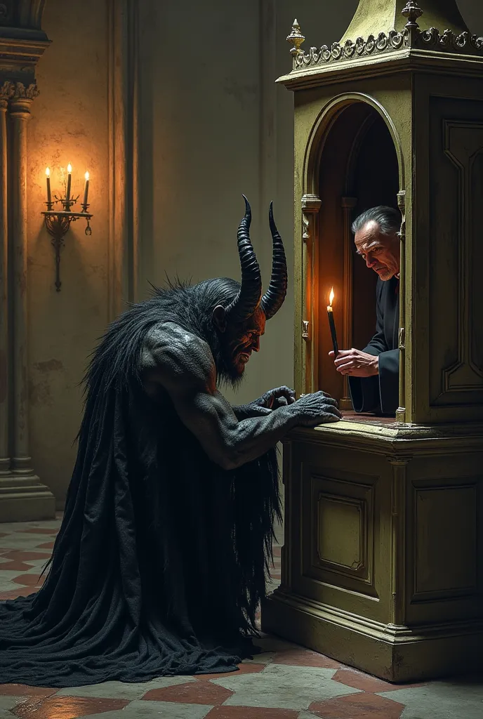 Demon confessing kneeling next to the ancient confessional in an ancient Italian church, With his head against the confessional railing confessing to the 70-year-old priest inside the confessional