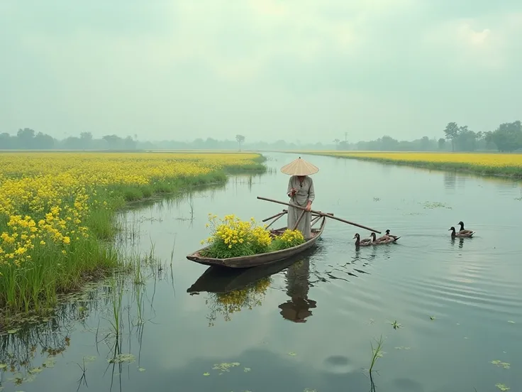 A serene scene of a Vietnamese woman in a traditional áo bà ba rowing a wooden boat through a flooded field, harvesting bright yellow điên điển flowers. The still water reflects the cloudy sky, creating a mirror-like effect. Ducks swim nearby, adding life ...