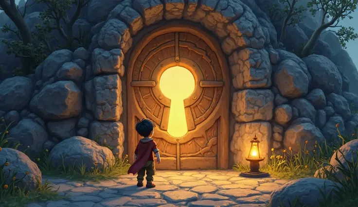 A massive stone door with a golden keyhole, symbols glowing around it,  A small, cozy hut with a dimly lit lamp, a curious young boyArya reaching out to touch it.2d animated pic and give a colorful like fresh image