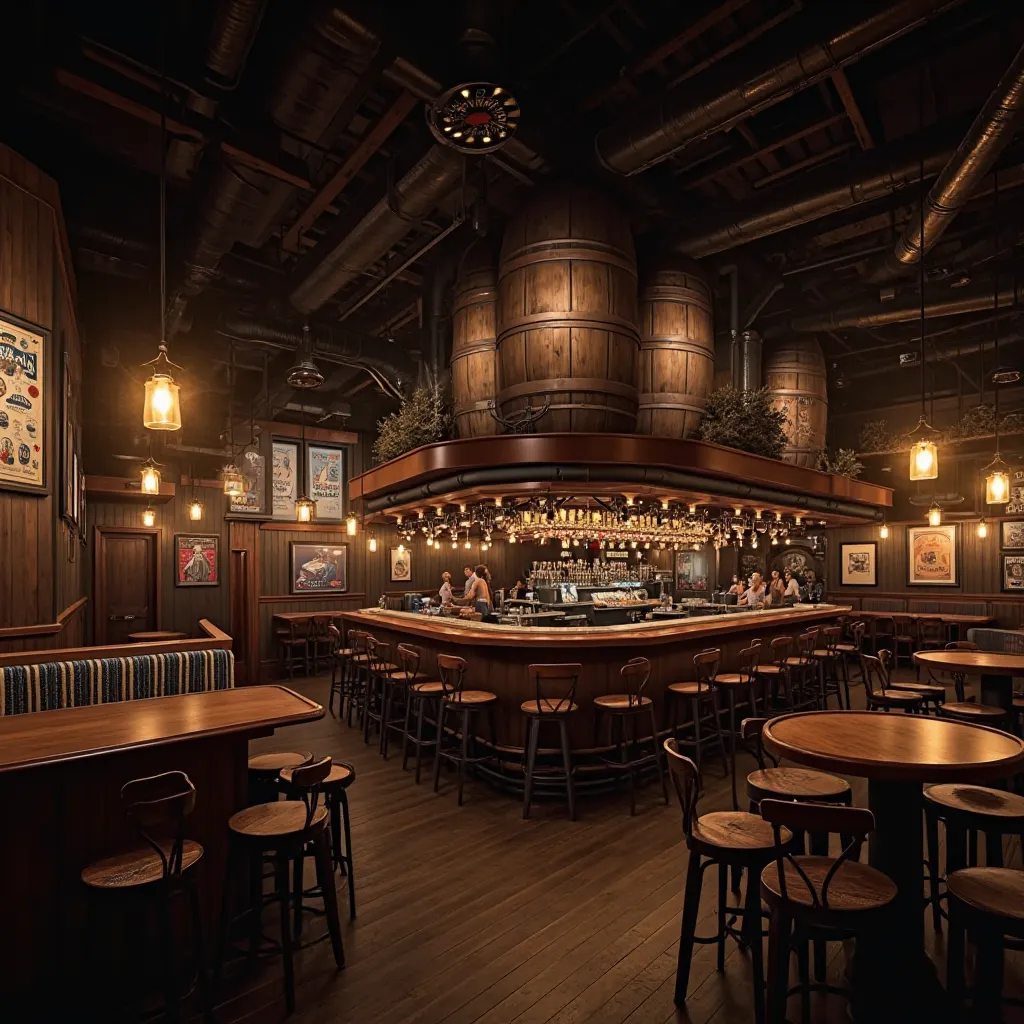 realistic photo, best quality, no humans, a craft beer pub exudes an old-world charm with its rich, vintage aesthetic. The space is dominated by towering wooden beer barrels that rise above the seating area, evoking the atmosphere of a historic brewery. Da...