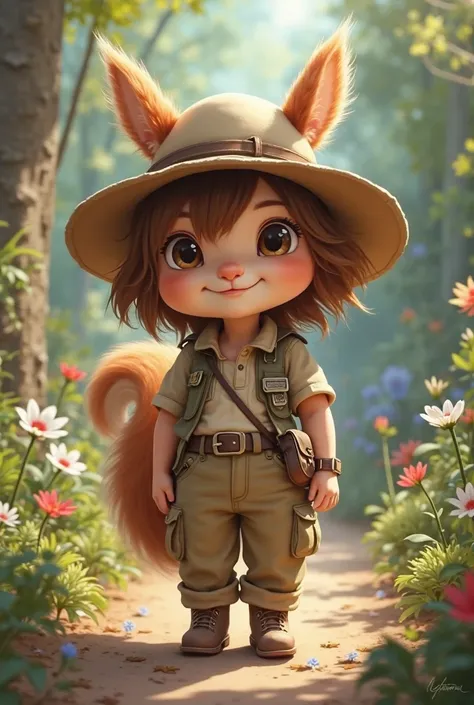 Little squirrel girl with tender face, dressed as an explorer, In a zoo  