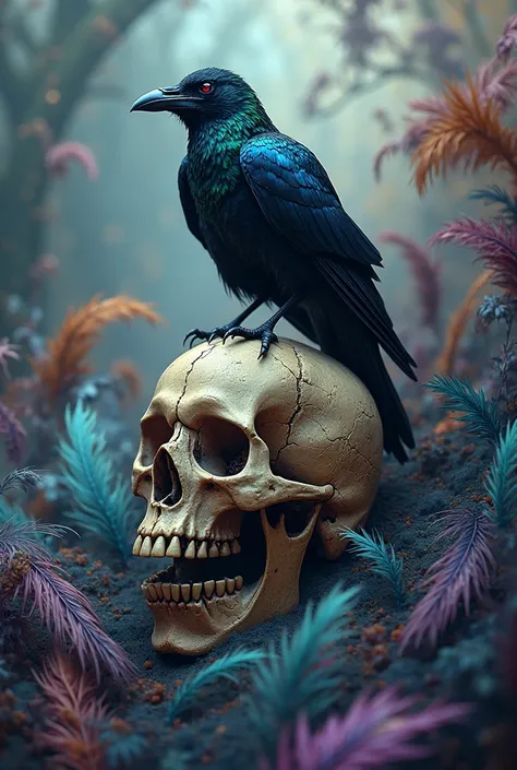 Iridescent Raven Perched On Skull With Feathers Background