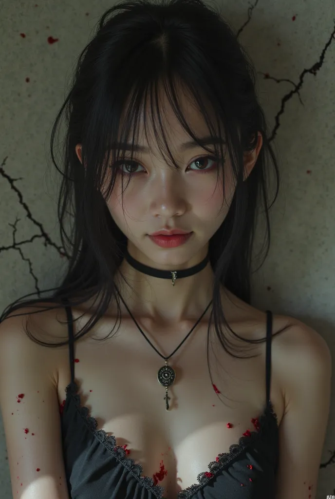 1 girl,Alone,smile, Closed mouth ,nice breasts,neckline,clavicle,,(:3),black necklace,(bloody clothes:1.21),crazy look,psycho girl,White outline, living room ,(cracked wall),