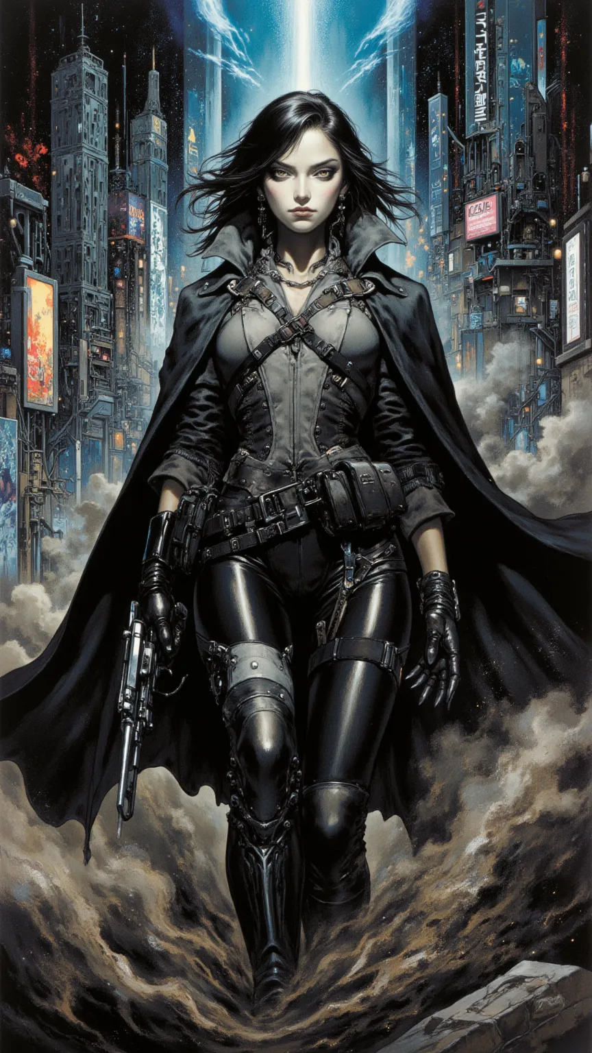 full body, cyberpunk european women，fear ，sci-fi，future，Wayne Reynolds draws，with a highly detailed and dynamic style, 