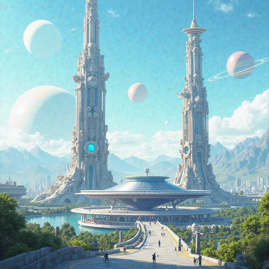 A digital artwork depicting a futuristic cityscape with a balanced composition, featuring two tall and intricate towers as the central focus. The tower on the left is adorned with elaborate designs, intricate detailing, and a prominent circular element fea...