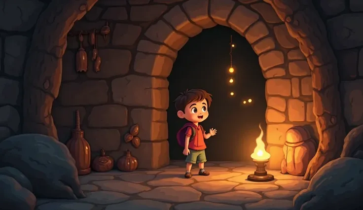 A small, cozy hut with a dimly lit lamp, a curious young boyArya looking surprised as floating candles appear in midair, lighting up a secret passage.2d animated pic and give a colorful like fresh image