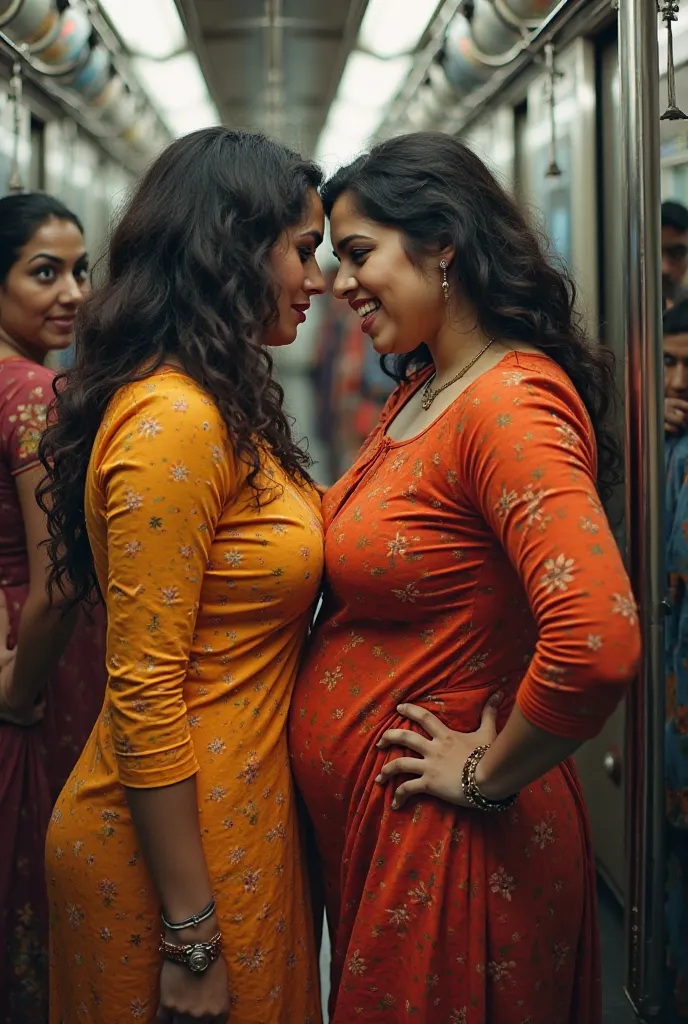 Two fiery Indian women, each embodying a formidable rivalry, trapped in a tense standoff amidst the bustling chaos of a crowded metro train. Both women are dressed in vibrant, tight-fitting kurtis that accentuate their curvy figures, with their substantial...