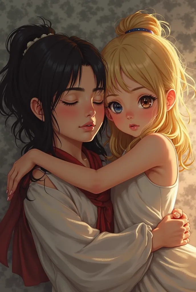 Create a picture of Azula from Avatar lying in the arms of a blonde girl of the same age. The girl&#39;s left eye is blue and the right eye is brown. 