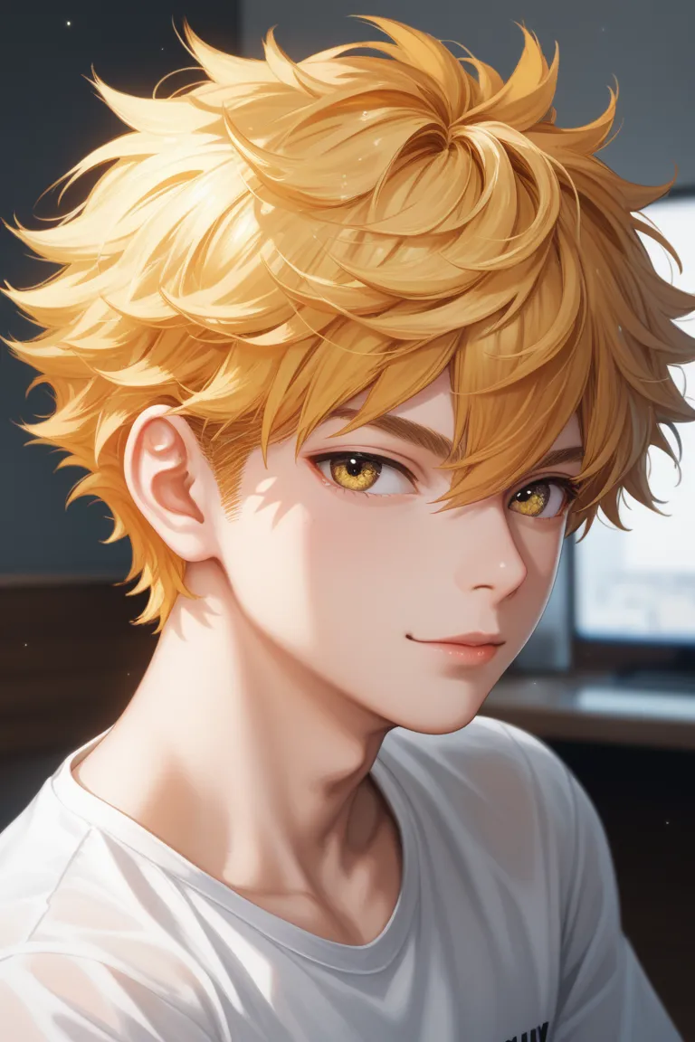 Young man with cool golden hair, messy hairstyle, golden yellow eyes, smooth white face, depth, first person view f/1.8 135mm . Nikon UHD Retina Masterpiece Precise Anatomy Matching With High Profile Detail, High Quality, Face Color, 1080P HD 4K 8k Header