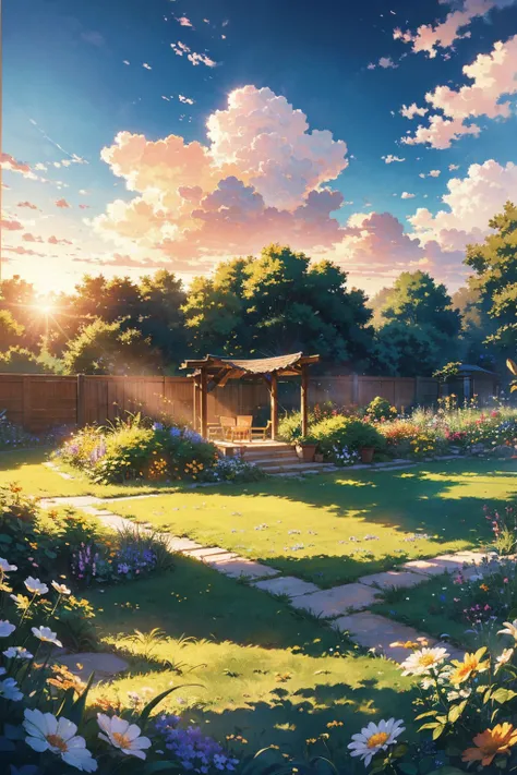   soft white clouds floating in the blue sky ，反射着阳光的温Warm colors， A lush green meadow spreads over the garden,   The scene is serene  ,  Colorful Flowers,Dark wood々 sunlight shines through between ,  warm natural heat , summer, reality,   high quality imag...