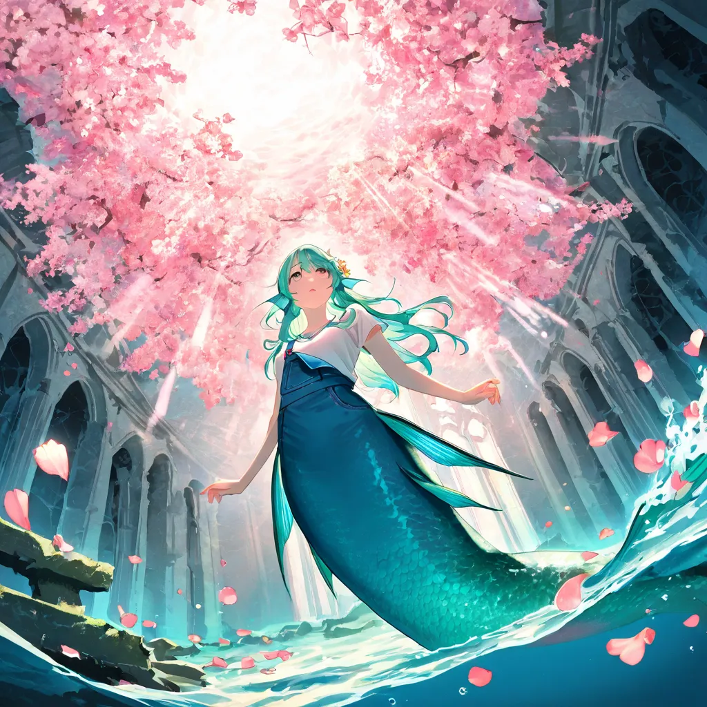 Under the sea, an angle of the sky looking up from underwater, cherry blossoms blooming, tropical fish, a decaying church underwater