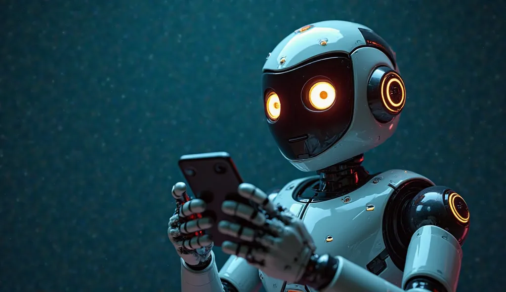 A stylish, futuristic robot holding a phone with both hands, looking straight ahead at the viewer. The robot's facial expression is animated, as if it is explaining something or giving important information. It has a sleek, high-tech design with metallic a...