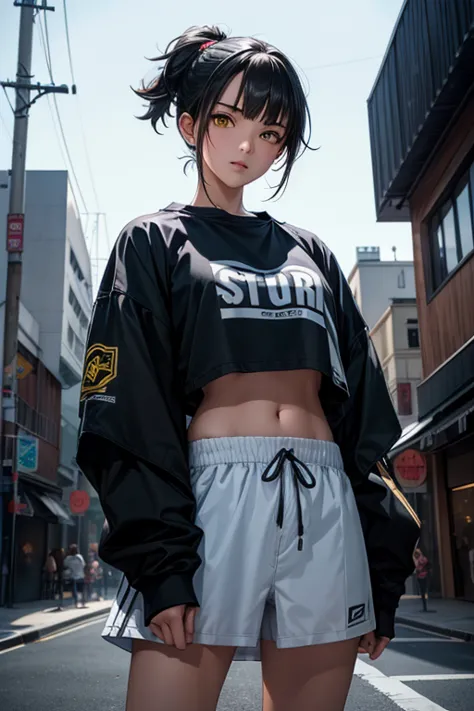  High Resolution,  boyish,   1 girl,  black hair, Sporty shortcuts,  Asymmetric Hairstyles ,  Asymmetrical bangs,   yellow eyes,  There are three circles in the middle of the eye,  Skater Style Street Fashion, slightly oversized bottoms, is standing, futan...