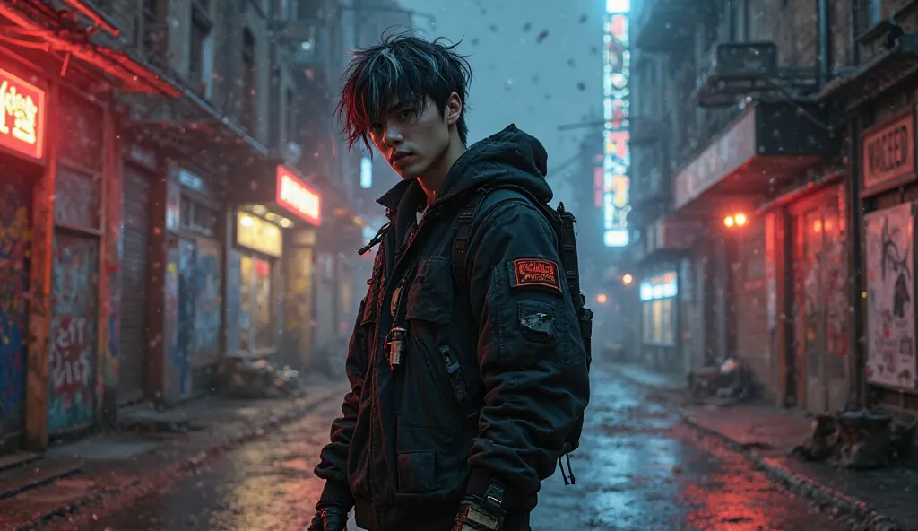 A young male rebel, aged 18-22, with an athletic yet lean build, stands in a dystopian cityscape at night. His short to medium-length, slightly messy hair has a distinct streak of white/red, hinting at unstable powers. His heterochromatic eyes add to his i...