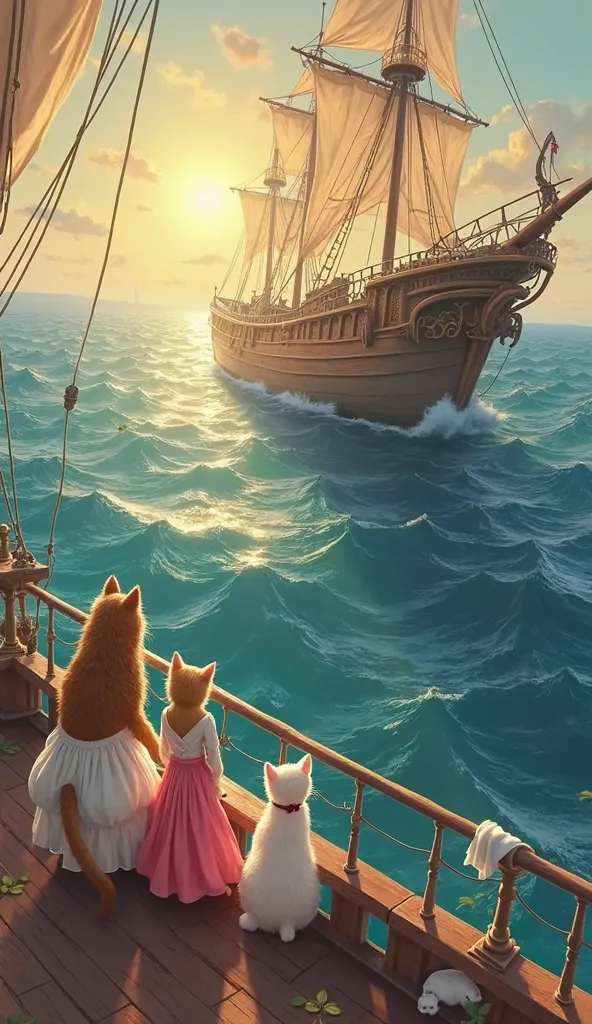 A large five-story water ship sails through the vast ocean under the golden afternoon sun. On the deck, a family of cats stands near the railing. A strong brown male cat wears a white hip dress, beside him is a graceful white female cat in a flowing pink d...