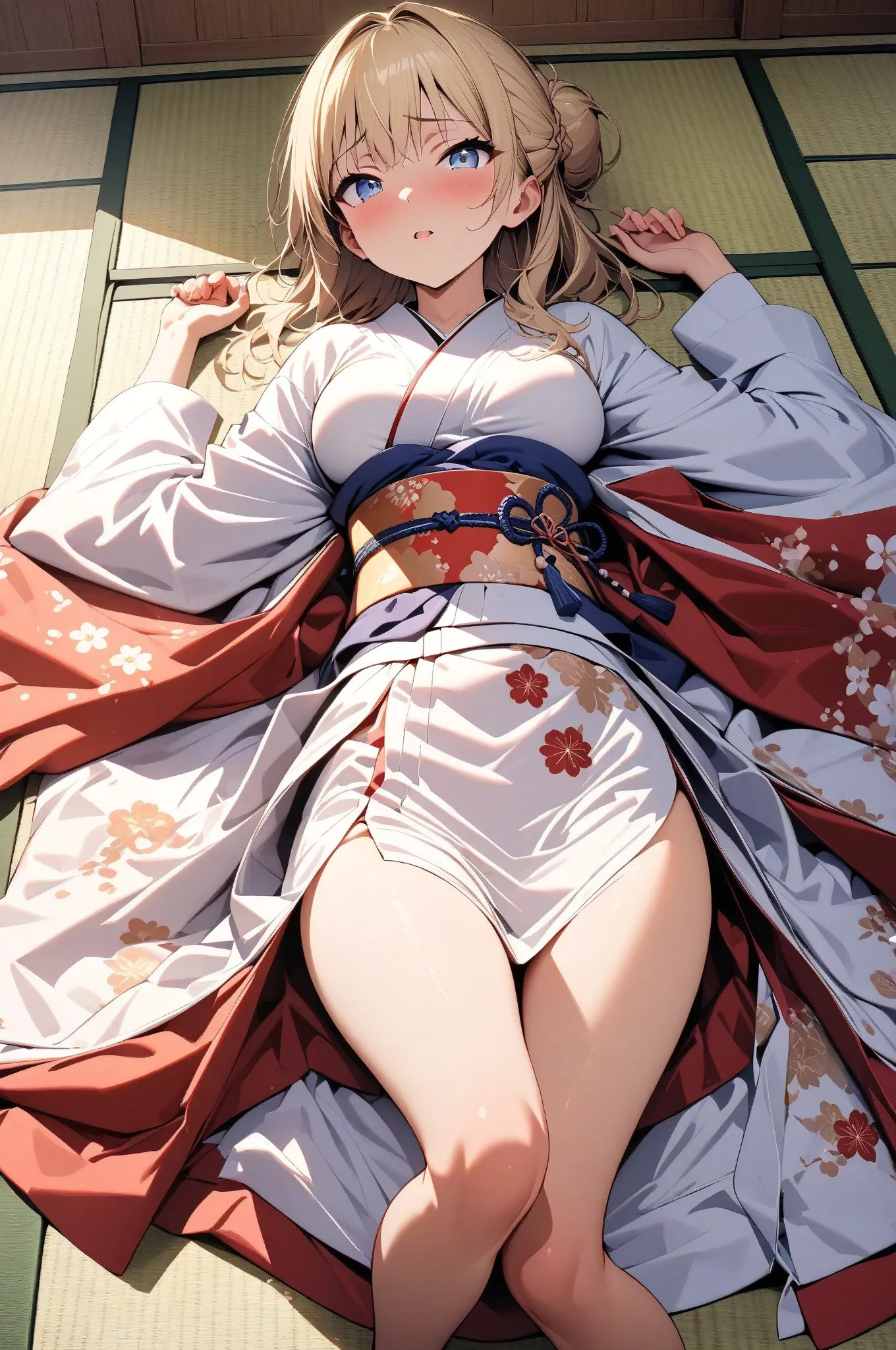 (masterpiece, detailed:1.2), One Girl, (18-years old), blonde one updo, Medium Breasts, sky blue eyes, BREAK, Highest quality, Washitsu, Japanese room, Tatami, Kimono, lie on back, Fullbody from front below:1.3