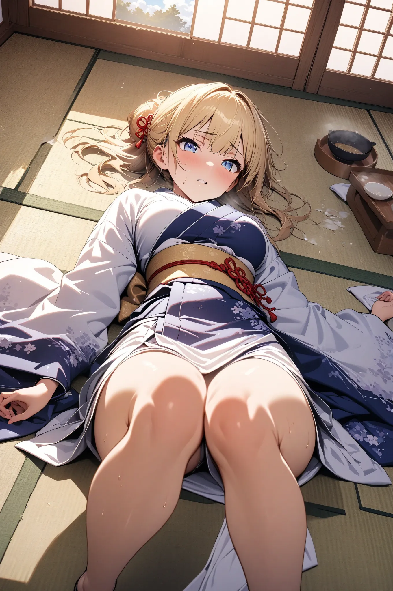 (masterpiece, detailed:1.2), One Girl, (18-years old), blonde one updo, Medium Breasts, sky blue eyes, BREAK, Highest quality, Washitsu, Japanese room, Tatami, Kimono, lie on back, Fullbody from front below:1.3