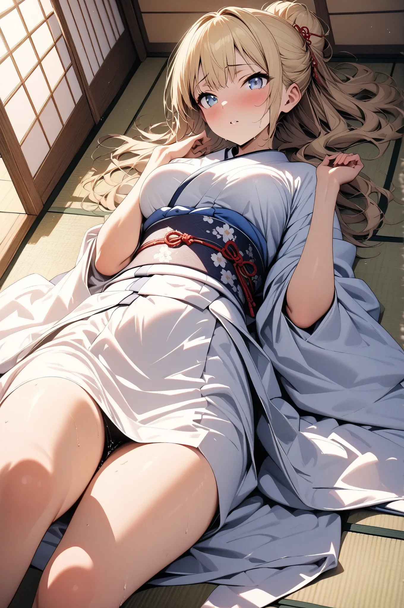 (masterpiece, detailed:1.2), One Girl, (18-years old), blonde one updo, Medium Breasts, sky blue eyes, BREAK, Highest quality, Washitsu, Japanese room, Tatami, Kimono, lie on back, Fullbody from front below:1.3