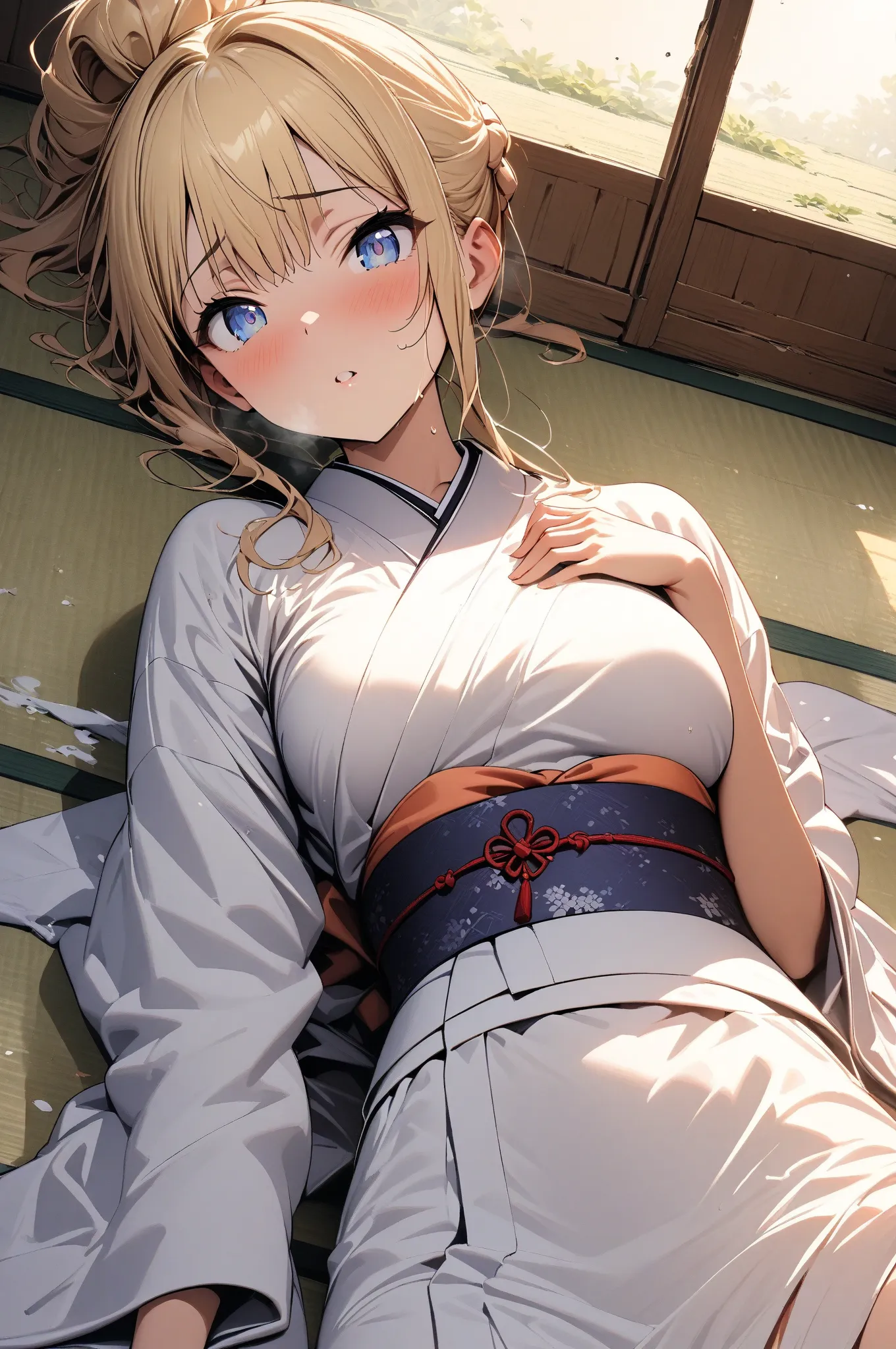 (masterpiece, detailed:1.2), One Girl, (18-years old), blonde one updo, Medium Breasts, sky blue eyes, BREAK, Highest quality, Washitsu, Japanese room, Tatami, Kimono, lie on back, Fullbody from front below:1.3