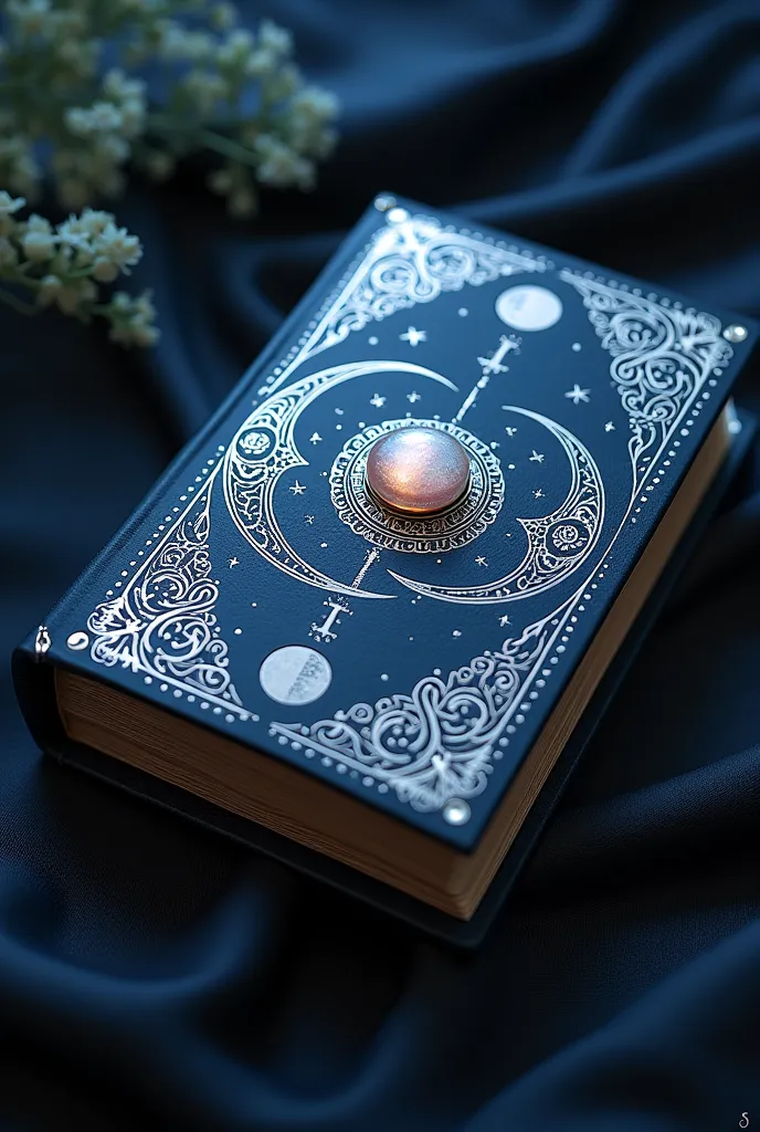 Cover: The book would be bound in dark indigo leather with silver filigree designs forming intricate crescent moons, constellations, and swirling patterns resembling the phases of the moon.

Symbol: In the center of the cover, a glowing silver moonstone wo...