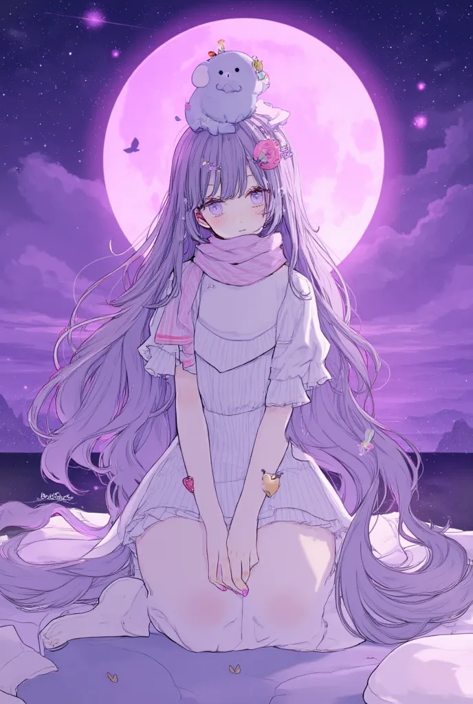 a portrait of a beautiful and slim anime girl with long grey mixed with purple hair, there is a small and grey and cute crerature on her head, it has no legs or hands with its big white eyes and black pupils. She wears white t-shirt with white slippers and...