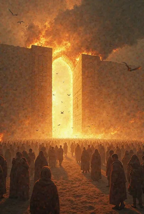 Visual Prompt:

A vast plain, the Plain of Judgment (Hashr's Maidan). People are trembling with fear—some are crying, while others look on with hope. On one side stands the radiant golden gate of Jannah (Paradise), emanating a beautiful, divine light. Beyo...