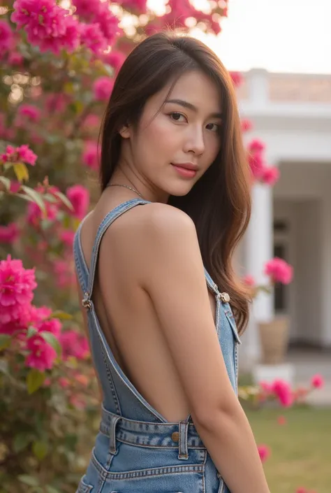 Thai woman bangs long hair , smirk, naked body and wearing blue overalls, looking back pose , bougainvillea, White House, sun light