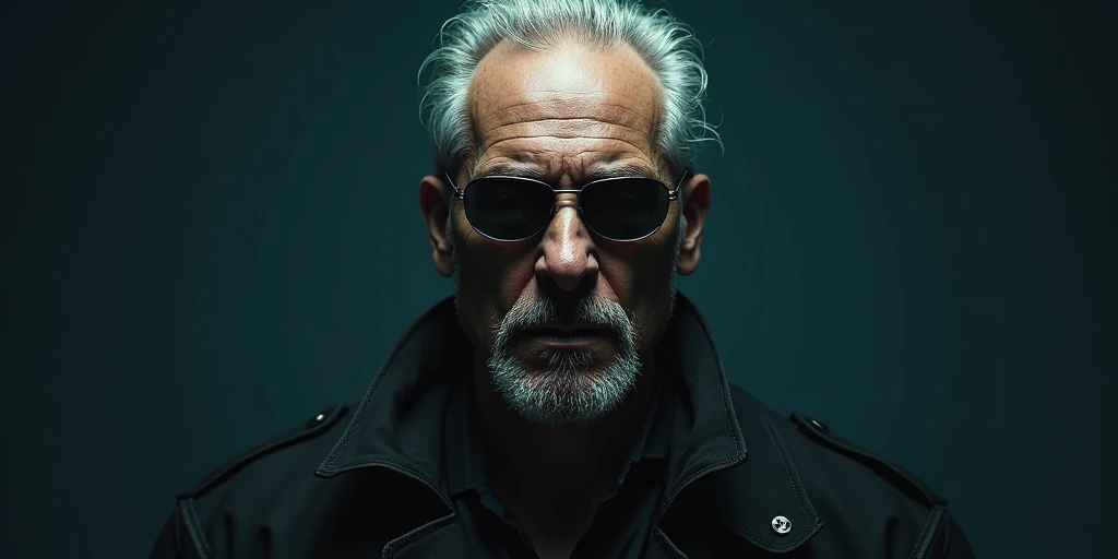 handsome older man wearing sunglasses in the style of a matrix hero - focused - - on a dark blue background