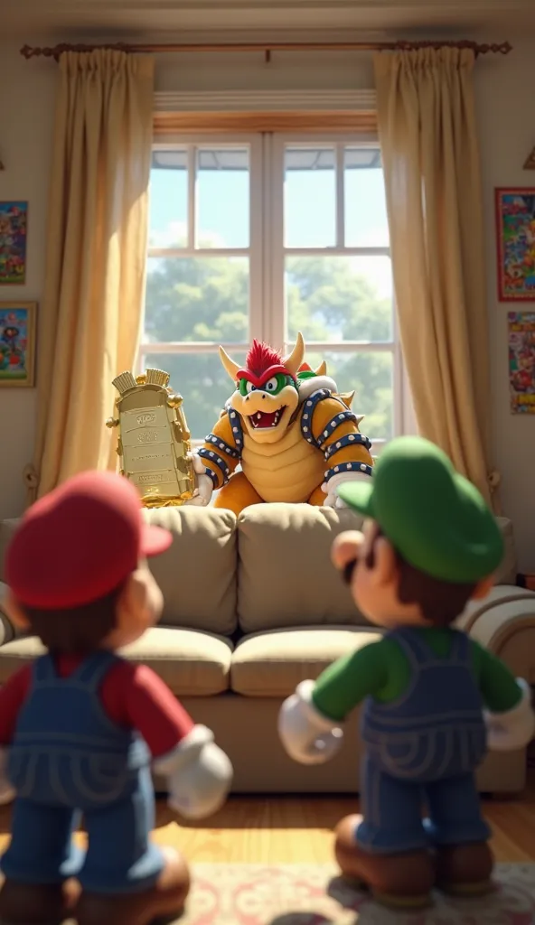 "Ultra-realistic 8K rendering of Bowser in the background, outside the house, where he is seen out of focus at the window, laughing loudly and holding a giant golden router. Mario and Luigi are in the foreground, looking frustrated. The room features a sim...