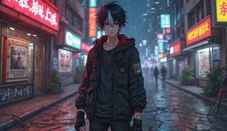 An anime-style male protagonist, aged 18-22, stands in a cyberpunk-dystopian cityscape at night. He has an athletic yet lean build, designed for agility. His short to medium-length, slightly messy black hair features a striking streak of white/red, symboli...