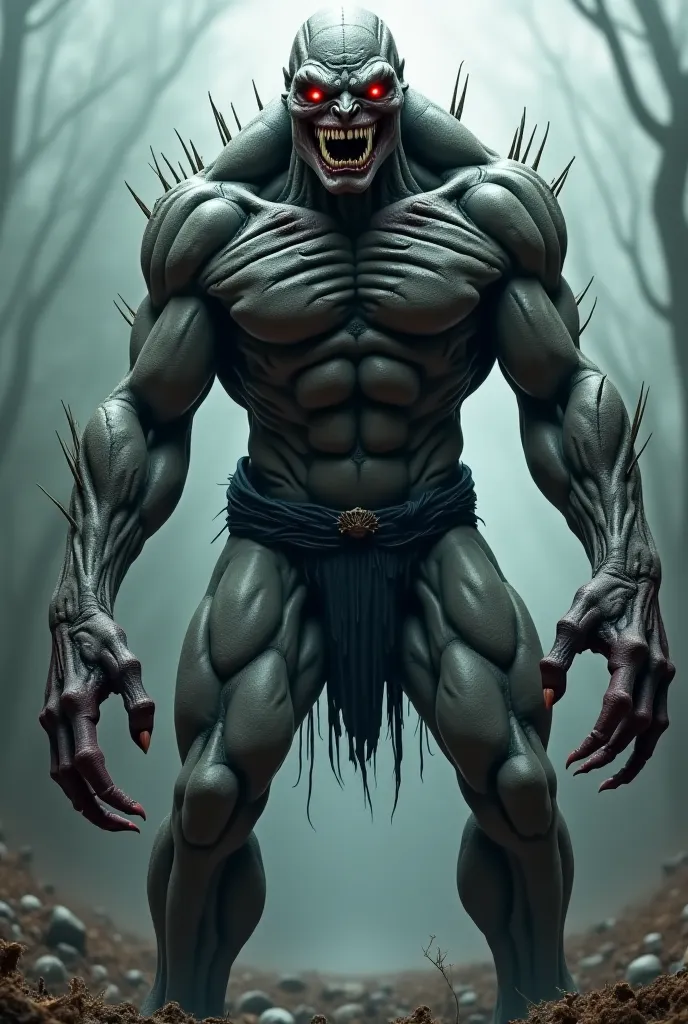 A towering, terrifying monster with the muscular build of a human but exaggerated to unnatural proportions. Its skin is a deep, sickly gray with veins pulsing black beneath, and jagged scars crisscross its body. The face is distorted, with glowing red eyes...