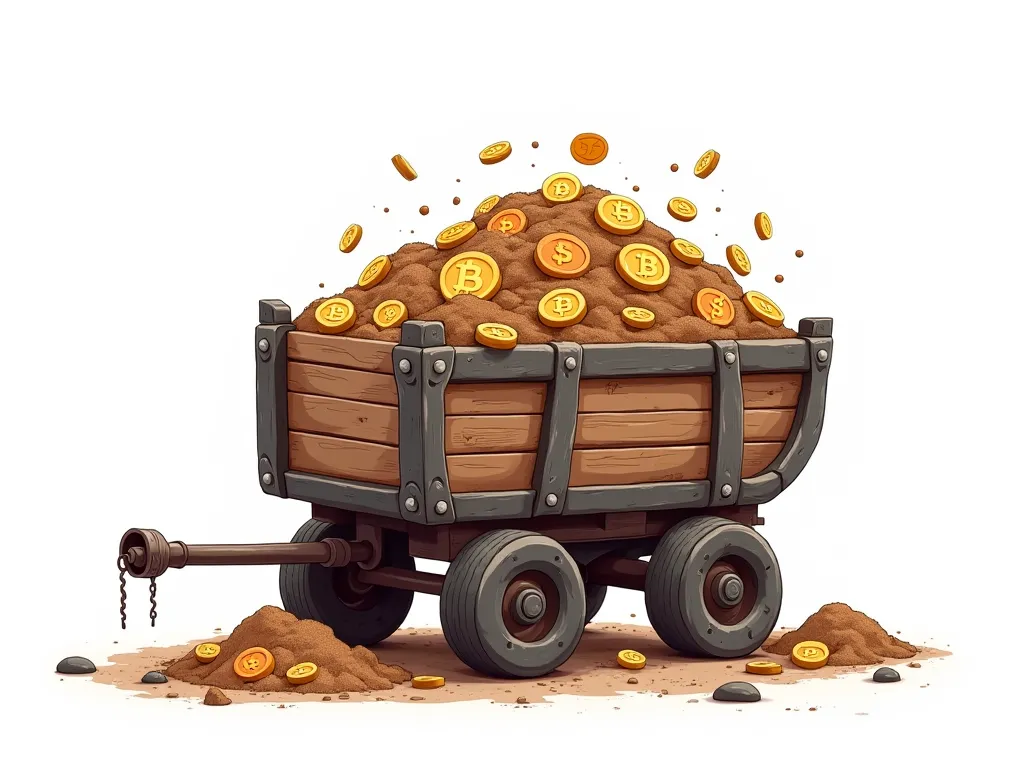 A mining cart is piled up with dirt mixed with bitcoins，white background，Cartoon hand drawing，8k、Ultra Fine Textures