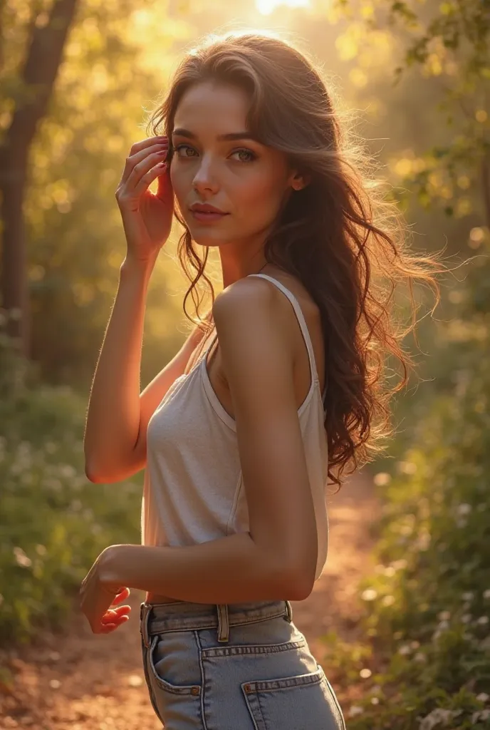 a young woman, realistic, walking slowly towards camera, brushing hair back, turning around, photorealistic, 8k, detailed facial features, expressive eyes, delicate gestures, cinematic lighting, warm tones, natural environment, lush foliage, golden hour, s...