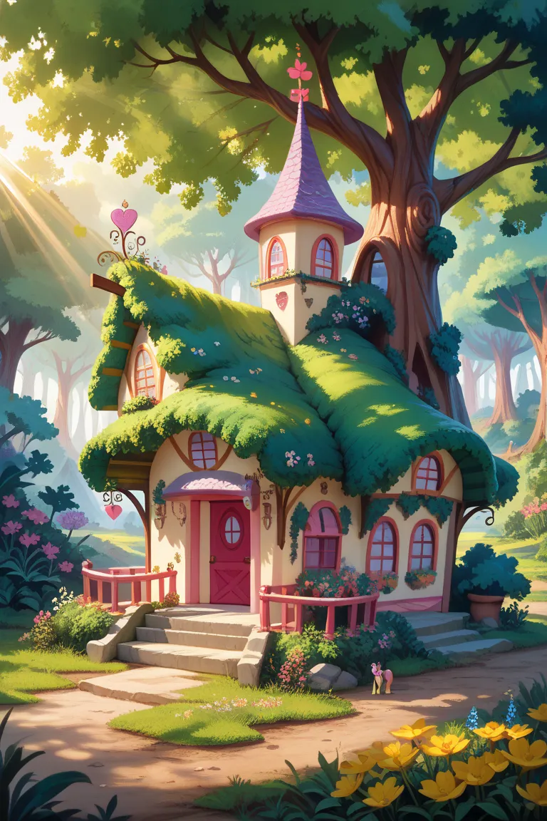 A cute house full of flowers in the woods