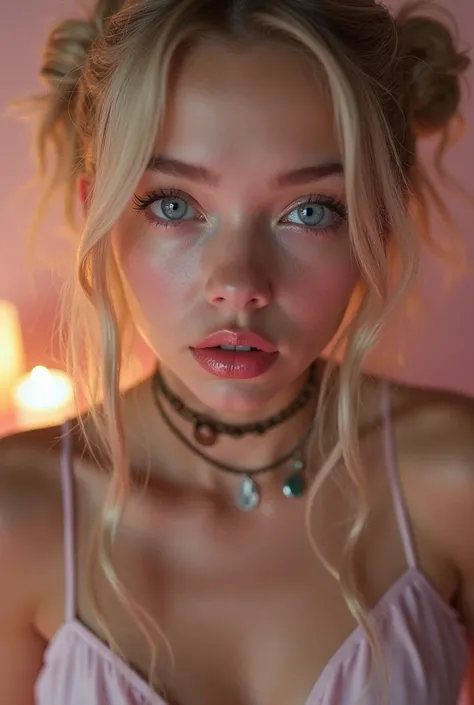 1 girl,  sexy 18 year old girl , pigtails, beautiful face, gorgeous, beautiful, beautiful, beautiful face, pale skin, parts, blonde hair, Blue eyes, full and shiny lips,  big lips,  thick lips,  half-open lips ,  light pink lip gloss , mask, skinny thighs,...