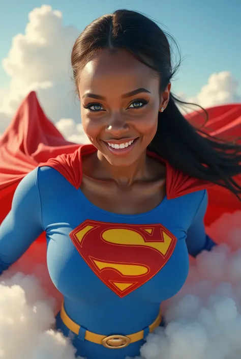 (SEXY BLACK AFRICAN OLD GIRL AS SUPERMAN WITH CRYSTAL BLUE EYES **“TOTALLY ENTI BODY WORTH THE SURFACE”. A stunning, highly detailed and ultra-realistic portrait of a SEXY BLUE-EYED GIRL proudly wearing the iconic 1980's SUPERMAN RETRO costume. The bright...