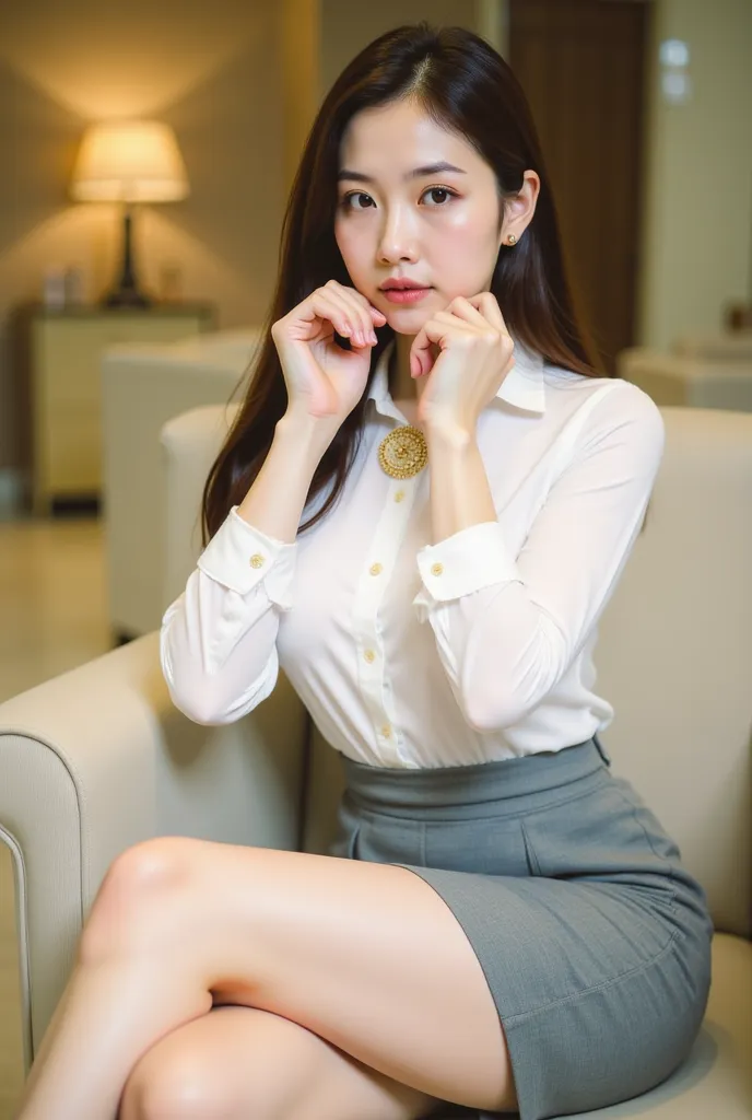 a young woman seated on a light-colored chair in an indoor setting, likely an office or lounge. She has long, dark hair styled neatly, and her expression is poised and confident. She is dressed in a professional yet stylish outfit, consisting of a white bl...