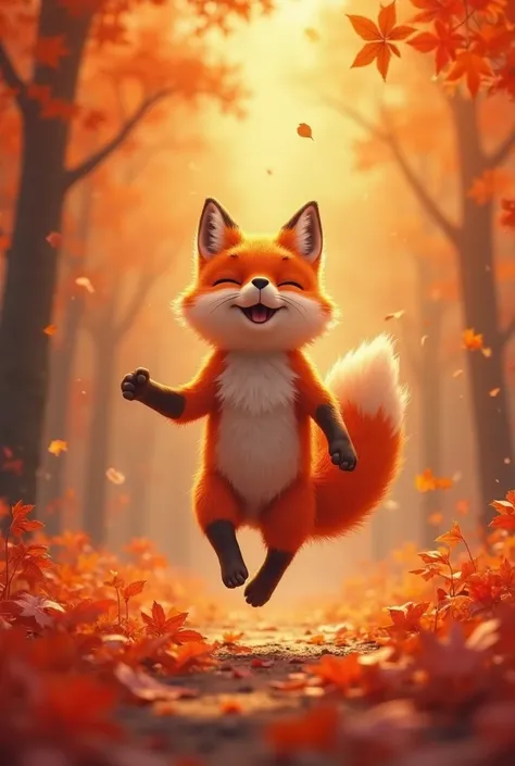 Vivid , A cheerful red fox , playfully jumping in an enchanting forest . The leaves in the forest gently wave in warm red and orange tones. The fox's fur is bright red , The fur is soft and vividly detailed . As the fox waves its tail, faint red glows are ...