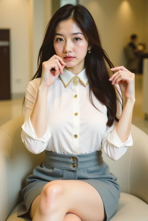 a young woman seated on a light-colored chair in an indoor setting, likely an office or lounge. She has long, dark hair styled neatly, and her expression is poised and confident. She is dressed in a professional yet stylish outfit, consisting of a white bl...